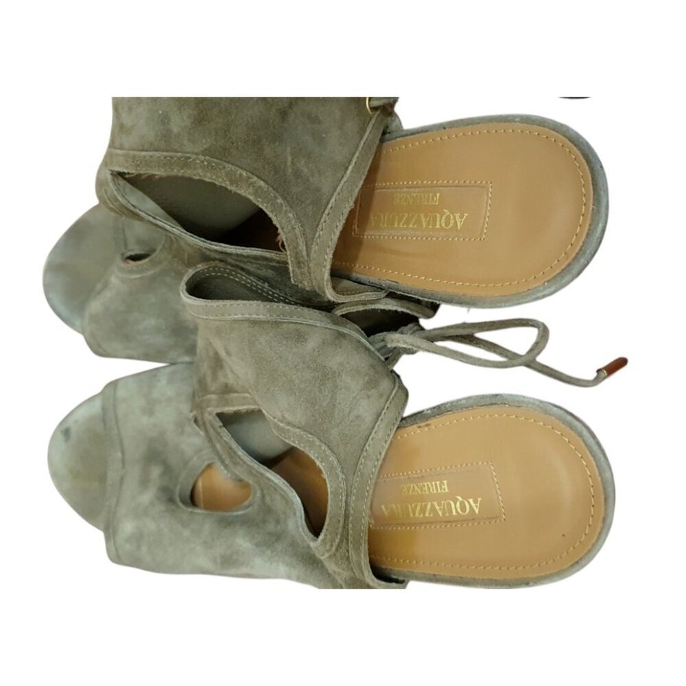 Aquazzura 85mm Sexy Thing Suede Wedge Sandals Olive Truffle Size 37.5 - Picture 6 of 10